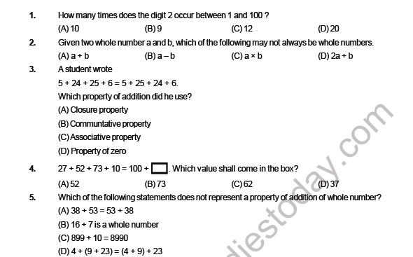 CBSE Class 6 Mathematics Whole Numbers MCQs, Multiple Choice Questions